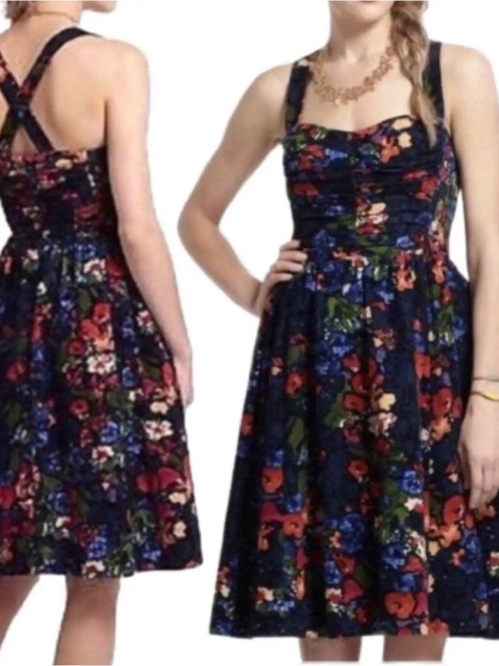 HD in Paris Anthropologie Floral Cross Back Fit & Flare Dress Size 2